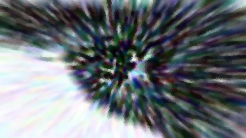 Abstrakte Komposition aus radial von einem dunklen Zentrum nach außen laufenden Schlieren in Grün, Violett und Weiß, links unten hell ausgewaschen.