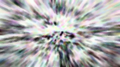 Abstrakte Komposition mit radial nach außen laufenden, verwischten Streifen in Pastellfarben wie Rosa, Grün und Weiß, im Zentrum dunkle Flecken.