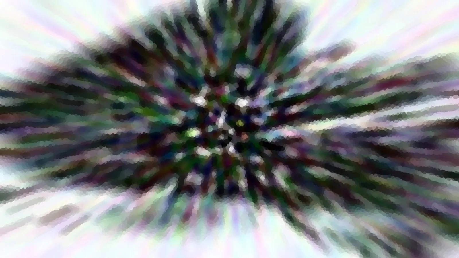 Abstrakte Komposition aus dunklen grünen und violetten Streifen, die von einem zentralen Punkt radial nach außen strahlen, an den Rändern in helles Weiß übergehend, pixelig verwaschen.