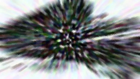 Abstrakte Komposition aus dunklen grünen und violetten Streifen, die von einem zentralen Punkt radial nach außen strahlen, an den Rändern in helles Weiß übergehend, pixelig verwaschen.