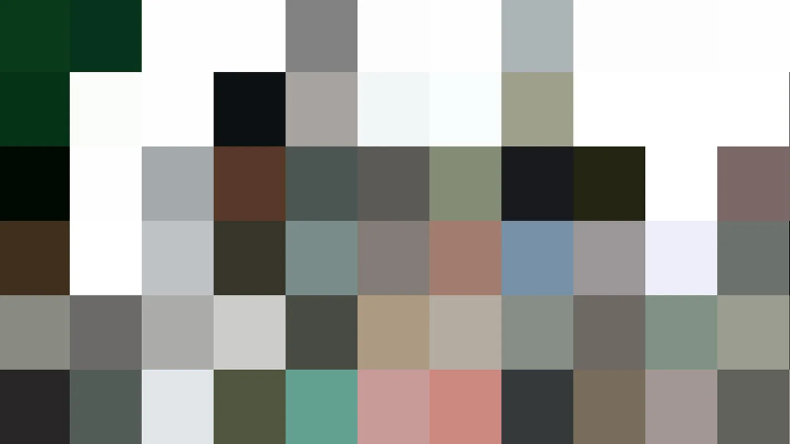 Mosaik aus quadratischen Farbfeldern in Grün, Weiß, Grau, Braun, Blau und Rosa, ohne erkennbares Motiv.
