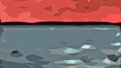 Abstrakte Komposition mit kantigen, facettenartigen Flächen: oben leuchtendes Korallenrot mit dunkleren Schattierungen, darunter eine dunkle Linie und eine graublaue Fläche mit hellen, eisähnlichen Formen.