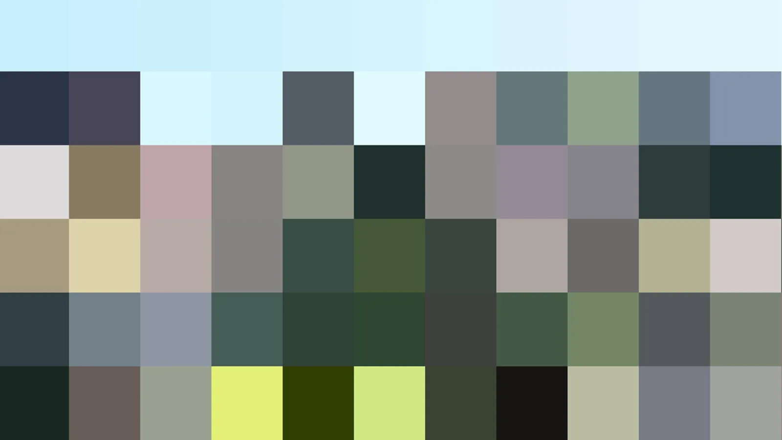 Rasterartiges Mosaik aus quadratischen Farbfeldern: oben eine Reihe hellblauer Felder, darunter dunkle Blau-, Grau- und Grüntöne, unten einzelne gelbgrüne und fast schwarze Felder.