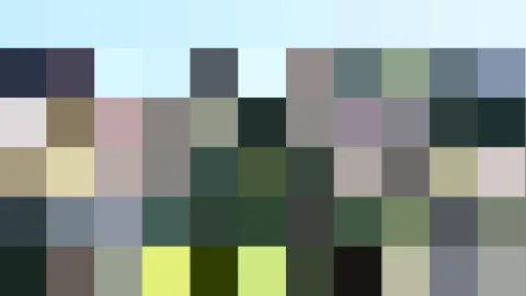 Rasterartiges Mosaik aus quadratischen Farbfeldern: oben eine Reihe hellblauer Felder, darunter dunkle Blau-, Grau- und Grüntöne, unten einzelne gelbgrüne und fast schwarze Felder.
