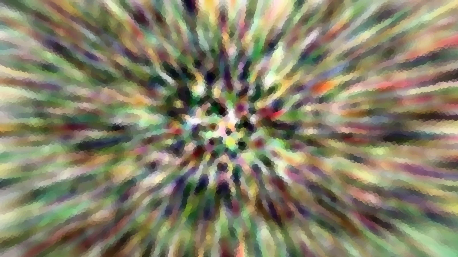 Abstraktes Bild mit radial von der Mitte nach außen laufenden Streifen in Grün, Violett, Gelb und Rot, die zur Mitte hin in ein pixeliges Muster übergehen.