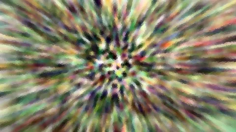 Abstraktes Bild mit radial von der Mitte nach außen laufenden Streifen in Grün, Violett, Gelb und Rot, die zur Mitte hin in ein pixeliges Muster übergehen.