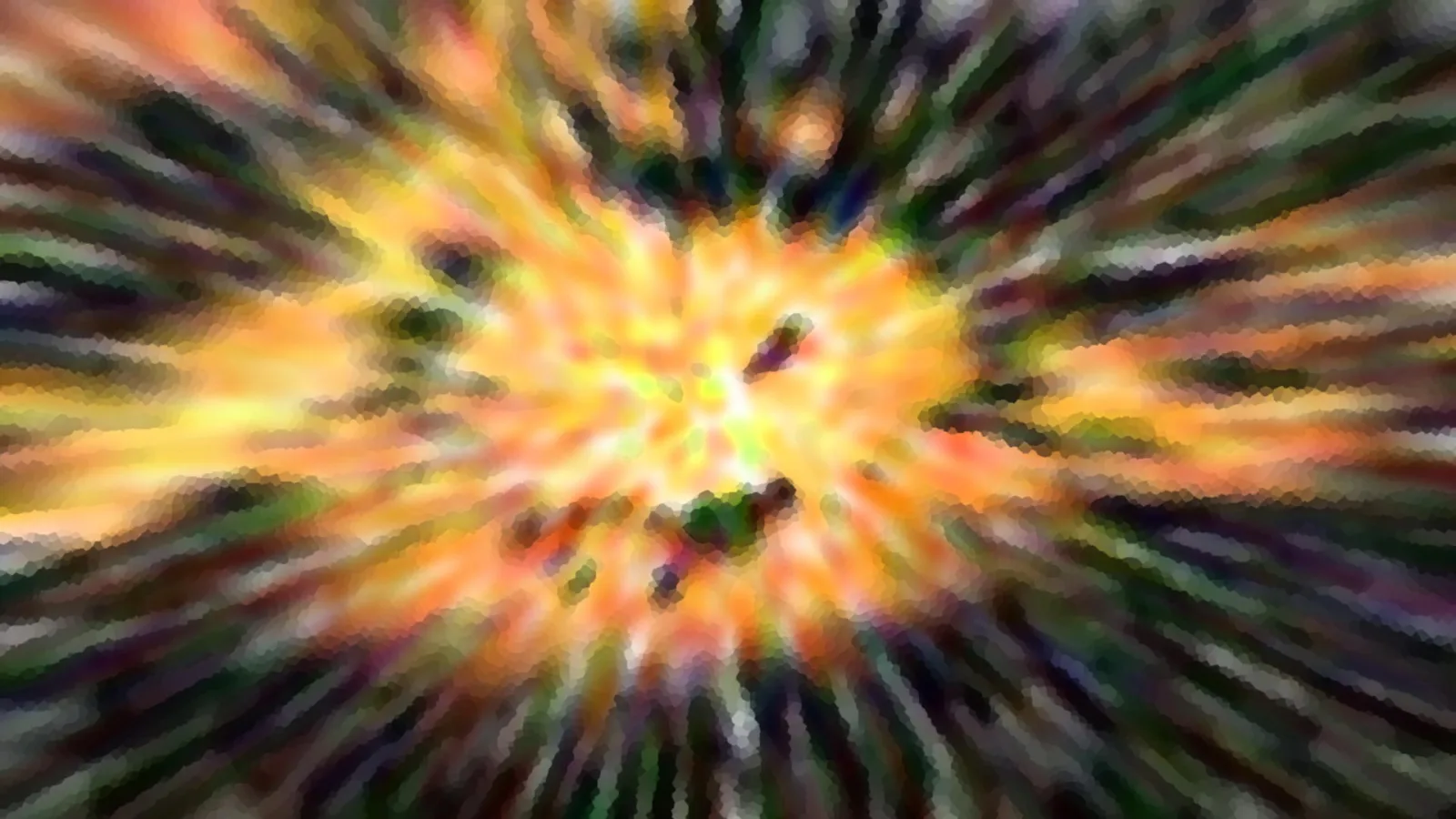 Abstraktes Bild mit einem hellen, gelb-orangefarbenen Zentrum, von dem grüne, violette und dunkle Streifen radial nach außen laufen.