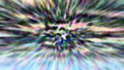 Abstraktes Bild mit pixelig verwischten Farbstreifen in Grün, Violett, Rosa und Blau, die von einem dunklen Zentrum nach außen strahlen.