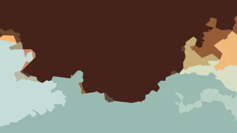 Abstrakte Komposition aus kantigen Farbflächen: oben und in der Mitte dominiert dunkles Braun, unten und rechts gehen die Flächen in Salbeigrün, Beige und helles Orange über.
