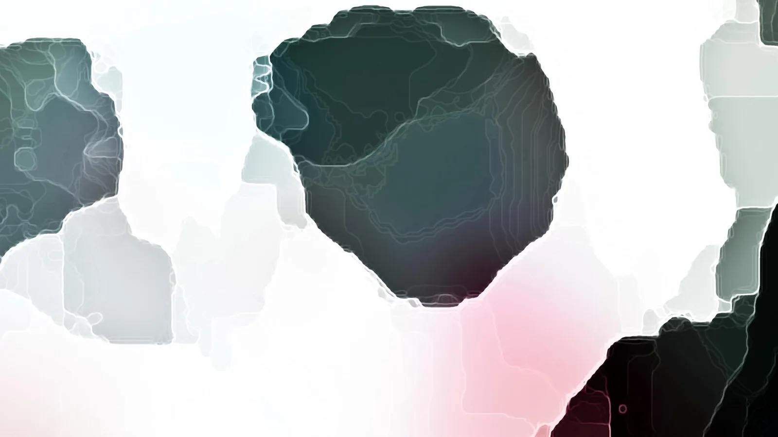 Abstrakte Komposition aus dunklen, organisch geformten Flächen mit feinen Konturlinien auf weißem Grund, unten rechts ein rosa Schimmer.