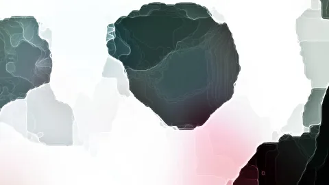 Abstrakte Komposition aus dunklen, organisch geformten Flächen mit feinen Konturlinien auf weißem Grund, unten rechts ein rosa Schimmer.