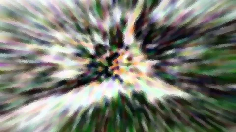 Abstrakte Komposition aus radial verwischten Streifen in Grün, Weiß und Rosa, mit grobkörniger Mosaikstruktur.