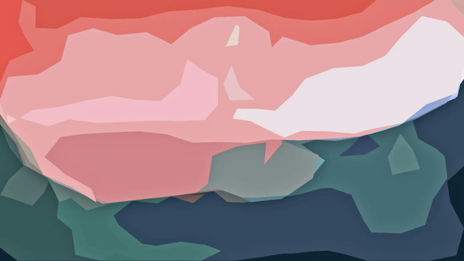 Abstrakte Komposition aus flachen, kantigen Farbflächen in Korallrot, Rosa, Weiß und Petrol mit dunklem Blau am unteren Rand.