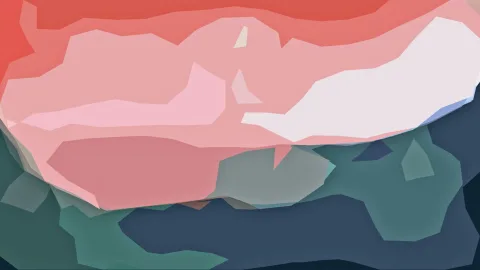 Abstrakte Komposition aus flachen, kantigen Farbflächen in Korallrot, Rosa, Weiß und Petrol mit dunklem Blau am unteren Rand.