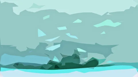 Abstrakte Landschaft aus türkisen und grünen Polygonflächen, im Vordergrund ein dunkelgrüner Hügel und unten ein heller türkiser Streifen.