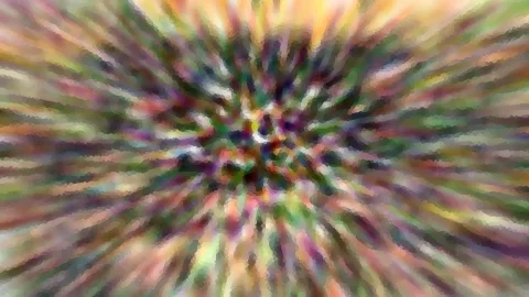 Verschwommenes, abstraktes Bild mit radial von der Mitte nach außen laufenden Streifen in Grün, Violett, Rosa und Orange.