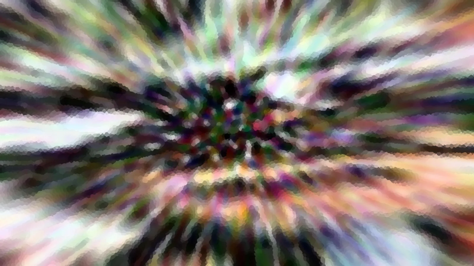 Abstraktes Bild mit bunten Streifen, die radial von einem dunklen, leicht gepixelten Zentrum nach außen strahlen.