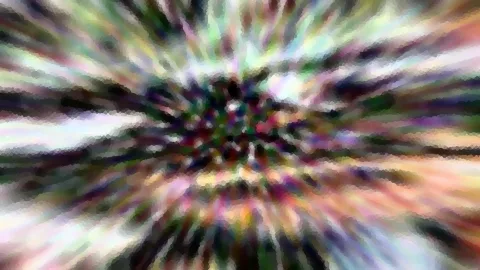Abstraktes Bild mit bunten Streifen, die radial von einem dunklen, leicht gepixelten Zentrum nach außen strahlen.