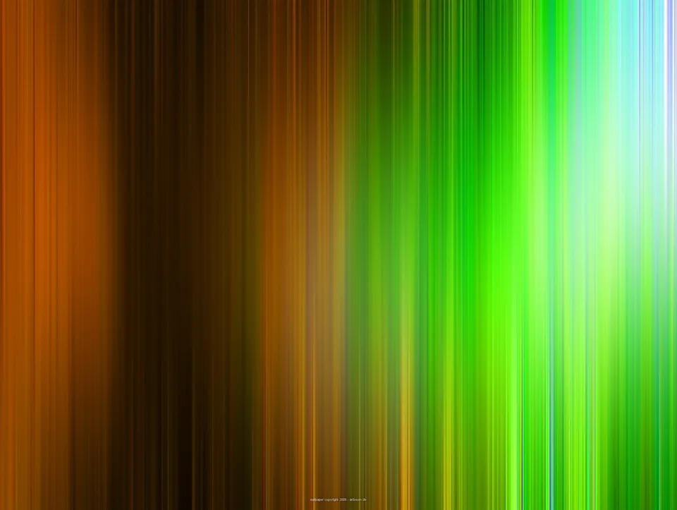 Abstraktes Bild mit senkrechten, weich verlaufenden Streifen in Orange, Braun, Grün und Hellblau, rechts am hellsten.