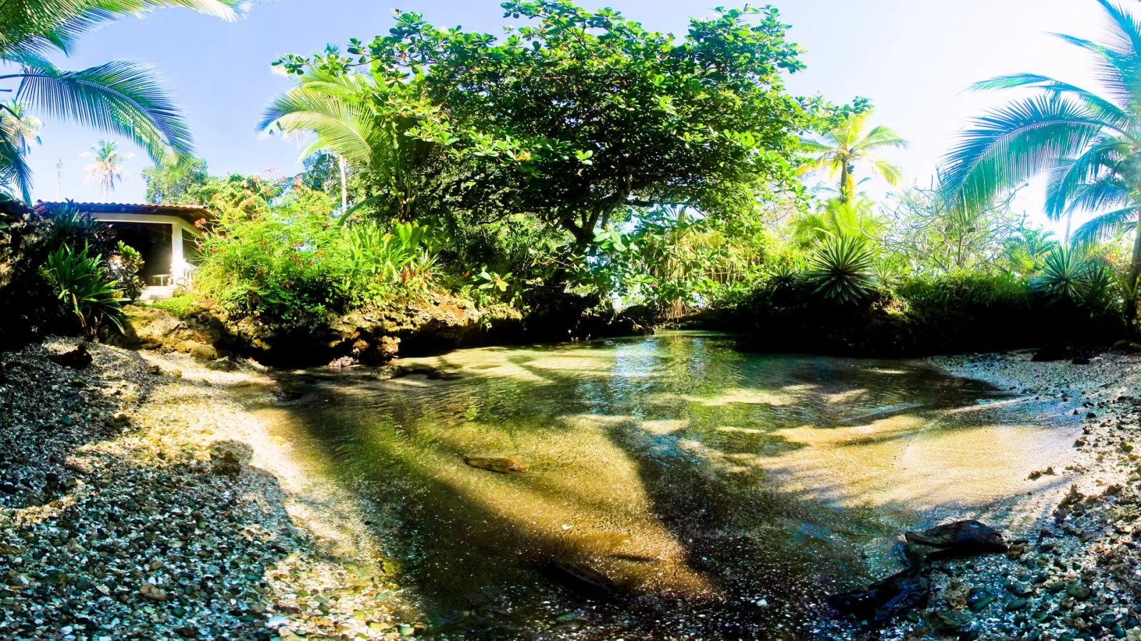 Flache, klare Lagune zwischen tropischer Vegetation mit Palmen, einem großen Laubbaum und einem weißen Gebäude am linken Rand, Sonnenlicht spiegelt sich auf dem Wasser.
