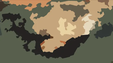 Abstraktes Muster aus flachen, unregelmäßigen Farbflächen in Schwarz, Sandbeige, Creme, Orange und Olivgrün.