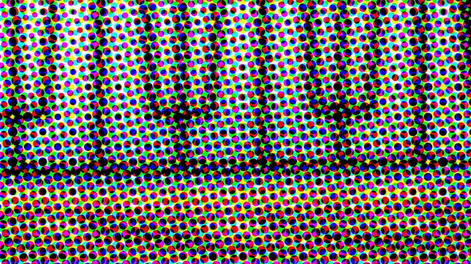 Dichtes Raster aus kleinen bunten Punkten in Rot, Grün, Blau, Cyan, Magenta und Gelb, durchzogen von schwarzen Linien.