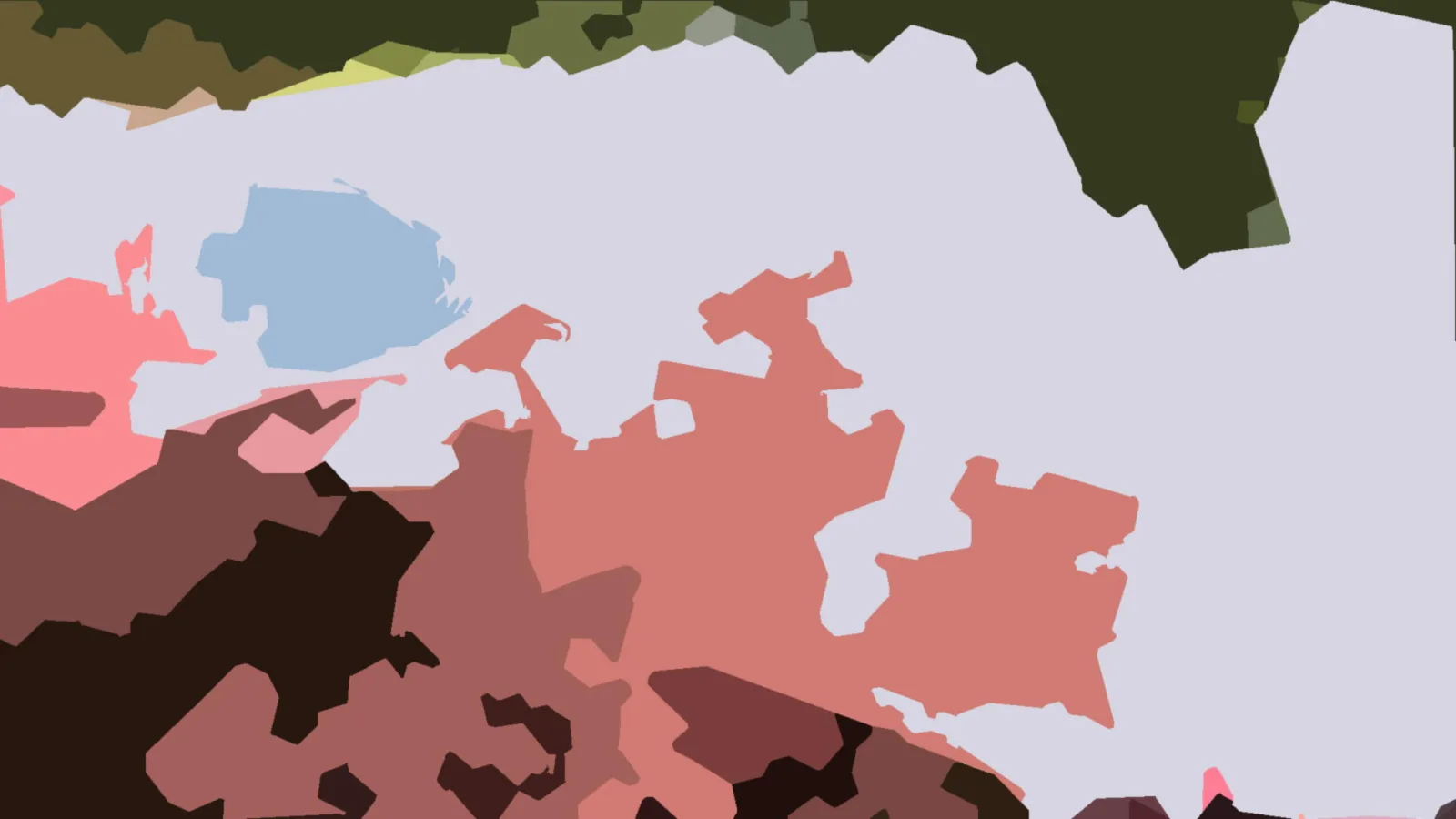 Abstraktes Mosaik aus flachen, unregelmäßig geformten Farbflächen in Rosa, Lila, Dunkelgrün und Hellgrau, mit einer großen hellen Fläche im oberen Bereich.
