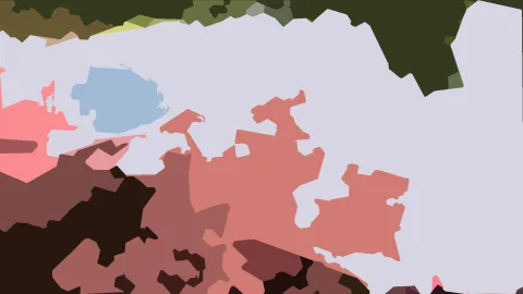 Abstraktes Mosaik aus flachen, unregelmäßig geformten Farbflächen in Rosa, Lila, Dunkelgrün und Hellgrau, mit einer großen hellen Fläche im oberen Bereich.