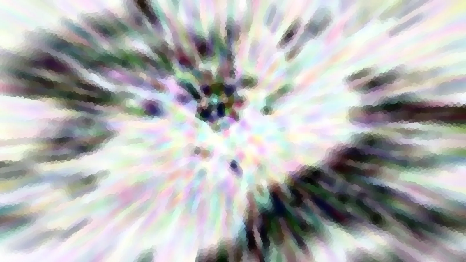 Abstraktes Bild mit pastellfarbenen Strahlen, die von einem hellen Zentrum nach außen laufen, dunkle Schlieren in Grün und Violett, verwaschene Kanten.