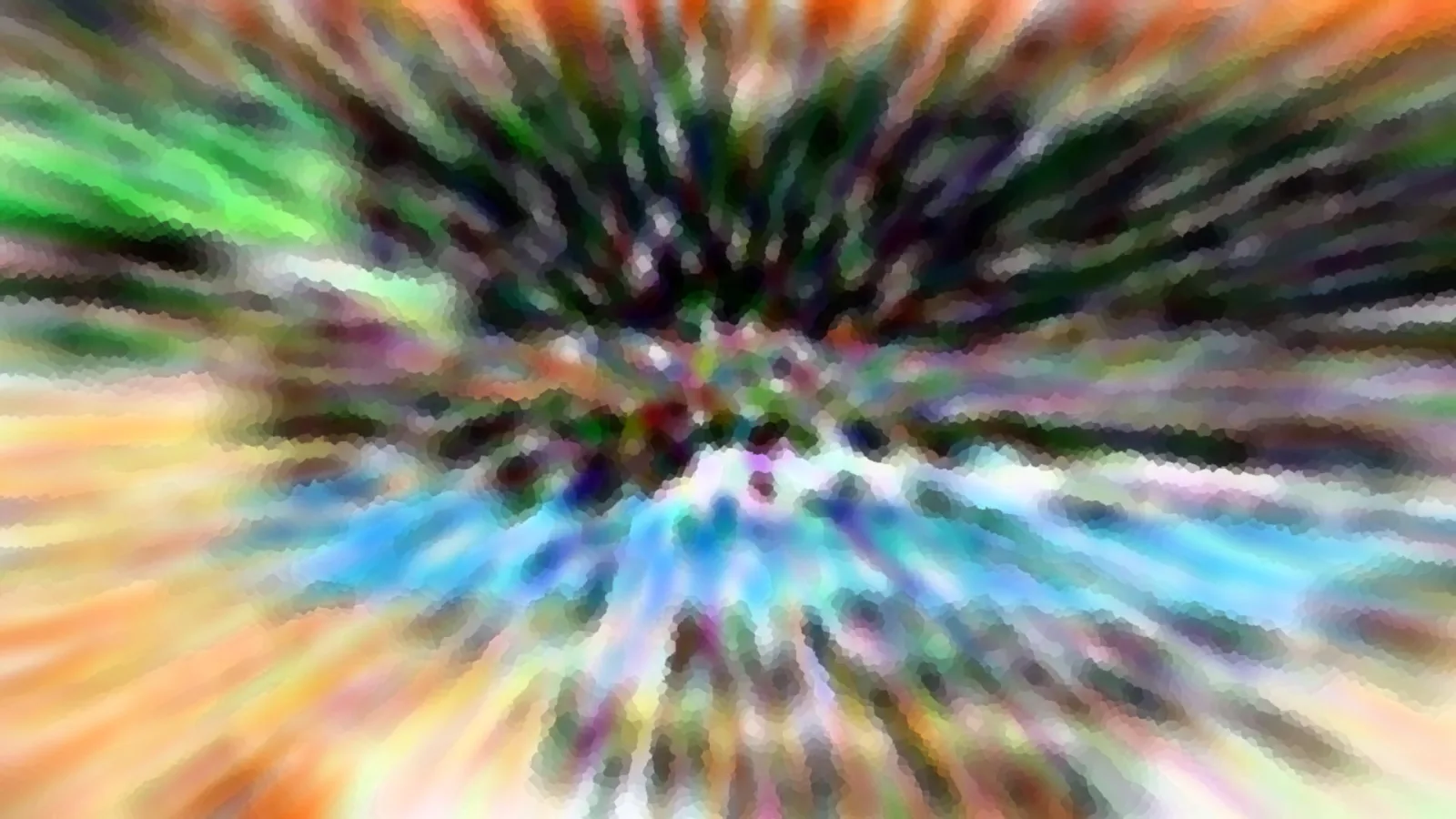 Abstrakte Komposition aus Farbstreifen in Grün, Orange, Blau und Violett, die vom dunklen Zentrum nach außen strahlen, grob mosaikartig verpixelt.