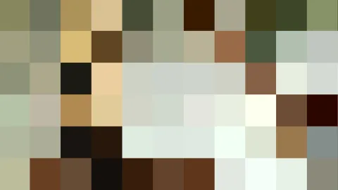 Abstraktes Mosaik aus quadratischen Farbfeldern in Oliv, Beige, Braun, Creme und Schwarz, grob gepixelt.