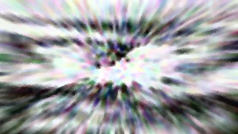 Abstrakte Komposition mit radial nach außen verlaufenden, verwischten Streifen in Weiß, Grün und Violett, im Zentrum dunkle Flecken.