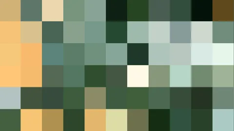Ein Raster aus quadratischen Farbfeldern in Grün, Gelb, Creme und Dunkelgrün, dazu einzelne helle Felder.