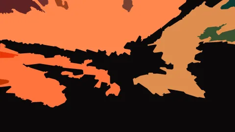 Abstrakte Komposition aus orangefarbenen, beigen und dunkelgrünen Flächen vor schwarzem Hintergrund.