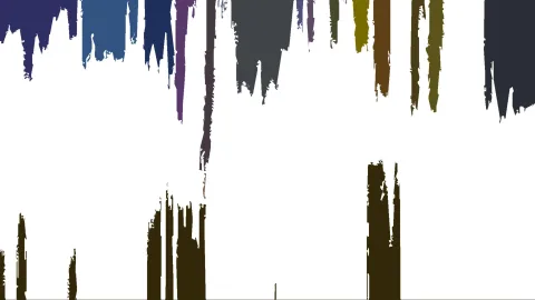 Abstrakte Komposition auf weißem Grund: von oben hängen senkrechte Farbschlieren in Violett, Blau, Grau, Oliv und Braun herab, unten stehen dunkelbraune Balken.