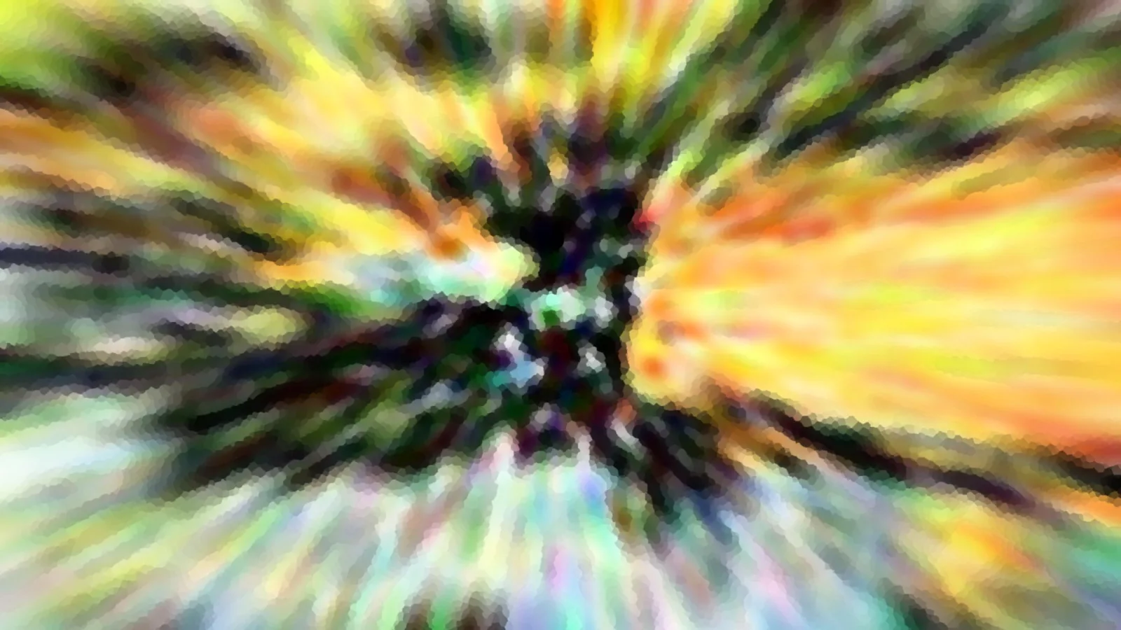 Abstraktes Bild mit radial von der Mitte nach außen laufenden Streifen in Gelb, Orange, Grün und Dunkelblau, das Zentrum ist dunkel und pixelig.