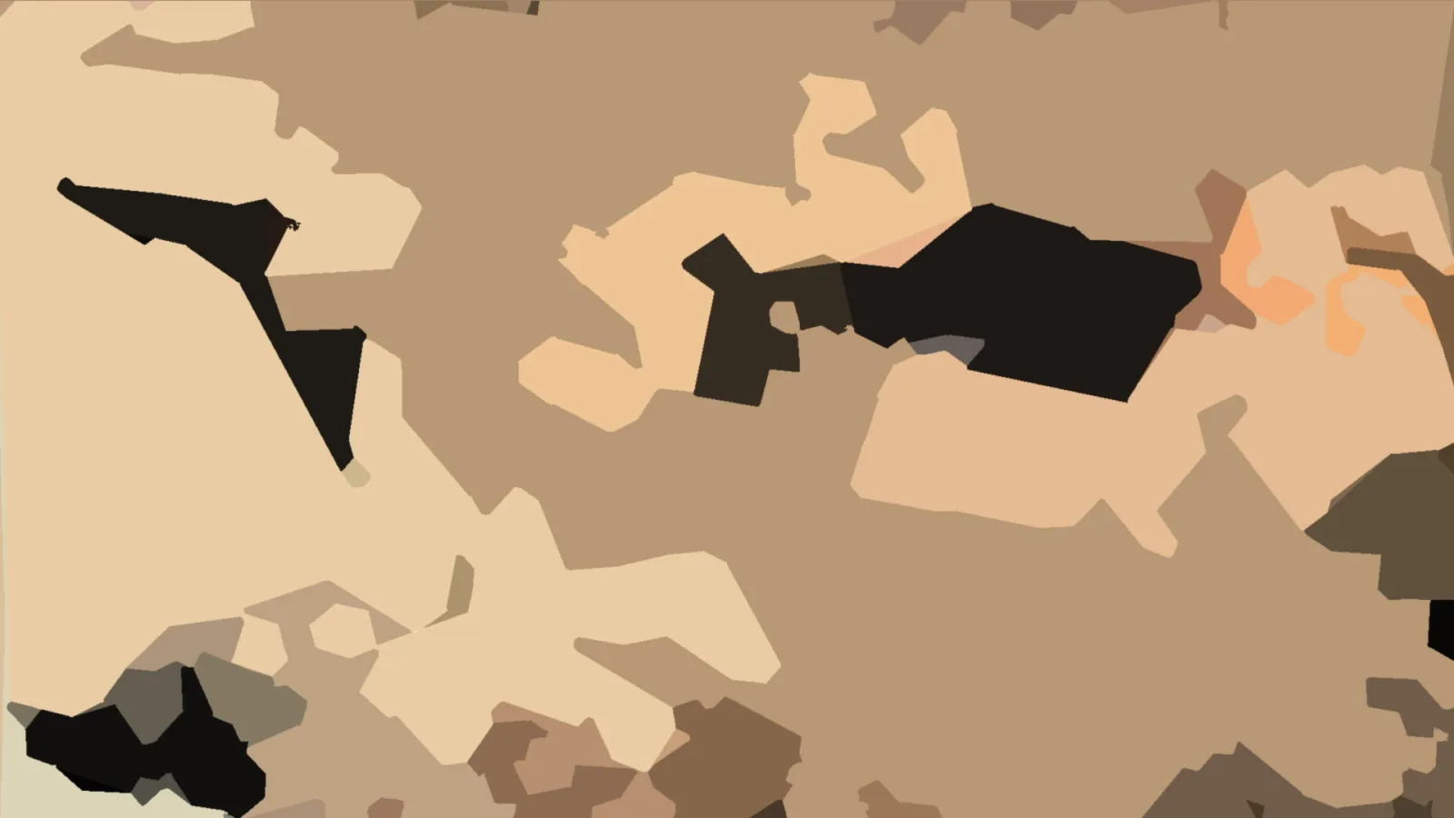 Abstraktes Muster aus beige, sandfarbenen und schwarzen unregelmäßigen Flächen, das an Tarnmuster erinnert.
