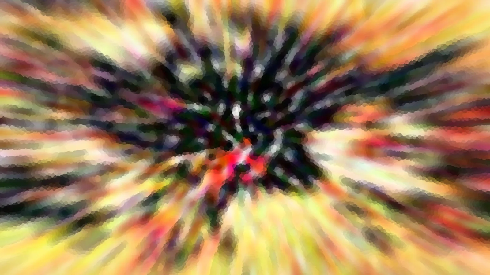 Abstrakte Komposition aus radial angeordneten, verwischten Farbstrichen in Gelb, Rot, Grün und Schwarz, die von einem dunklen Zentrum nach außen strahlen.