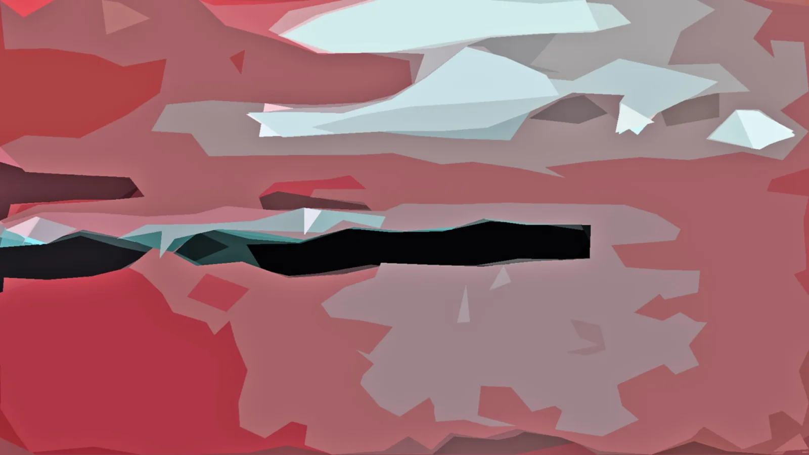 Abstrakte low-poly-Komposition aus kantigen Flächen in Rottönen, hellem Eisblau und einem schwarzen horizontalen Streifen in der Bildmitte.