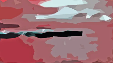 Abstrakte low-poly-Komposition aus kantigen Flächen in Rottönen, hellem Eisblau und einem schwarzen horizontalen Streifen in der Bildmitte.