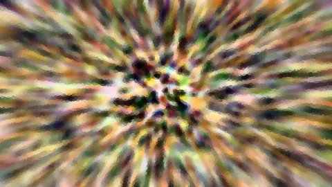 Abstrakte Komposition aus bunten Farbschlieren, die radial von einem dunklen Zentrum nach außen verlaufen, mit mosaikartiger Pixelstruktur.