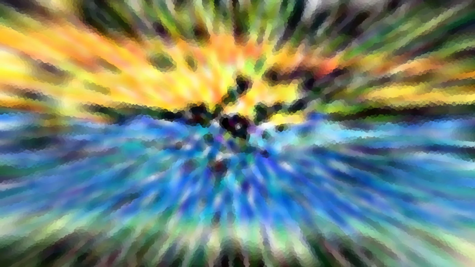 Abstrakte Komposition mit radial auslaufenden Pinselstrichen in Gelb, Grün und Blau, im Zentrum dunkle Flecken über einer horizontalen Wasserlinie.
