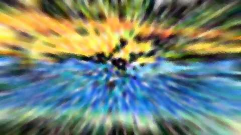 Abstrakte Komposition mit radial auslaufenden Pinselstrichen in Gelb, Grün und Blau, im Zentrum dunkle Flecken über einer horizontalen Wasserlinie.