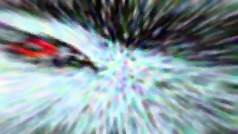 Abstrakte Komposition aus radial auseinanderstrebenden Schlieren in Türkis, Weiß und Dunkelgrün, links ein roter Fleck.