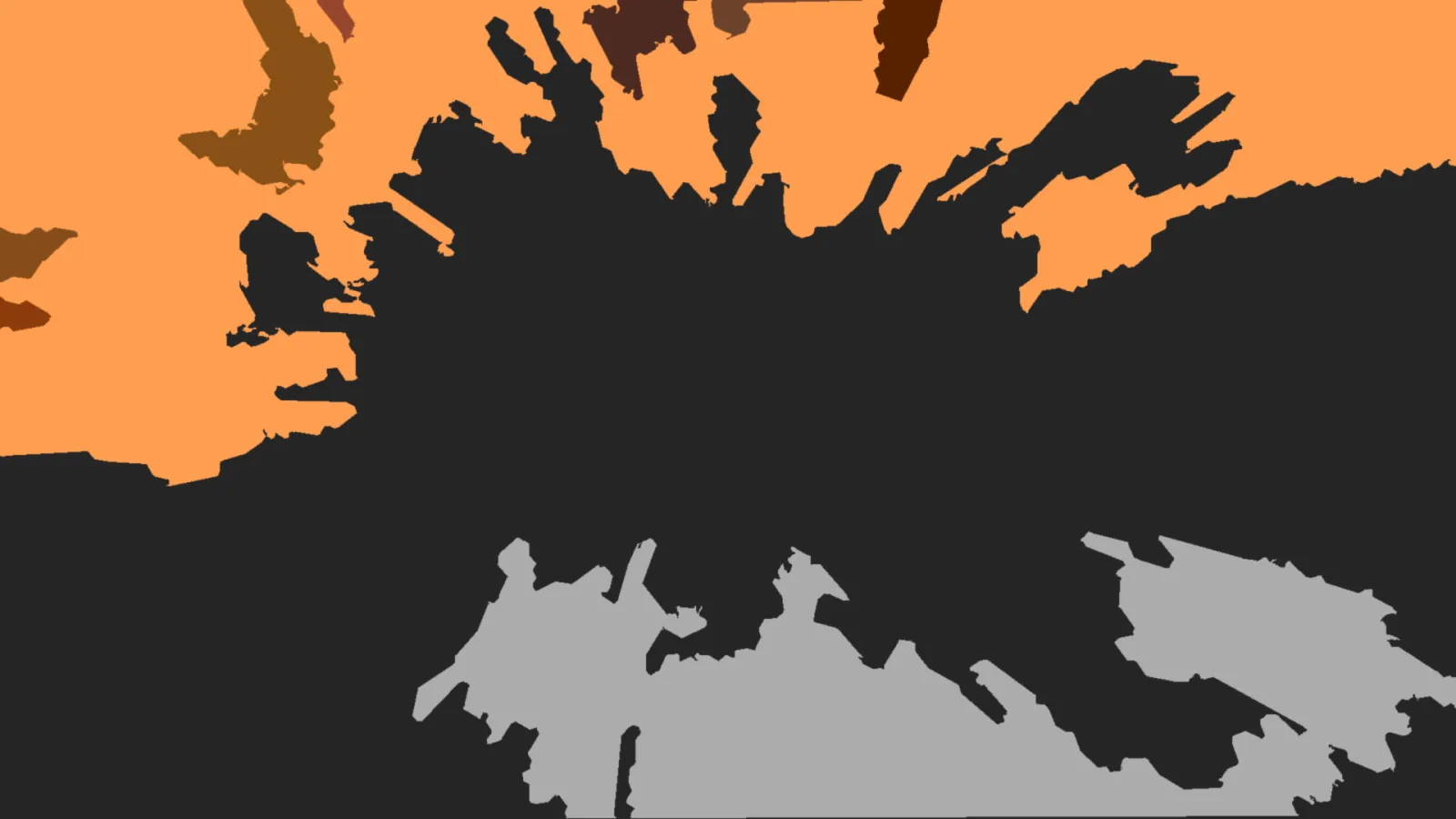 Abstrakte Komposition aus flachen, unregelmäßigen Formen in Orange, Dunkelgrau, Braun und Hellgrau auf dunklem Grund.