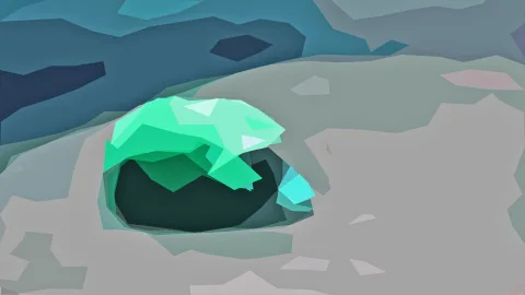 Low-Poly-Grafik: Ein grüner, kristallartiger Körper sitzt vor einer dunklen, höhlenartigen Öffnung. Darum herum liegen graue und blaugrüne Flächen.