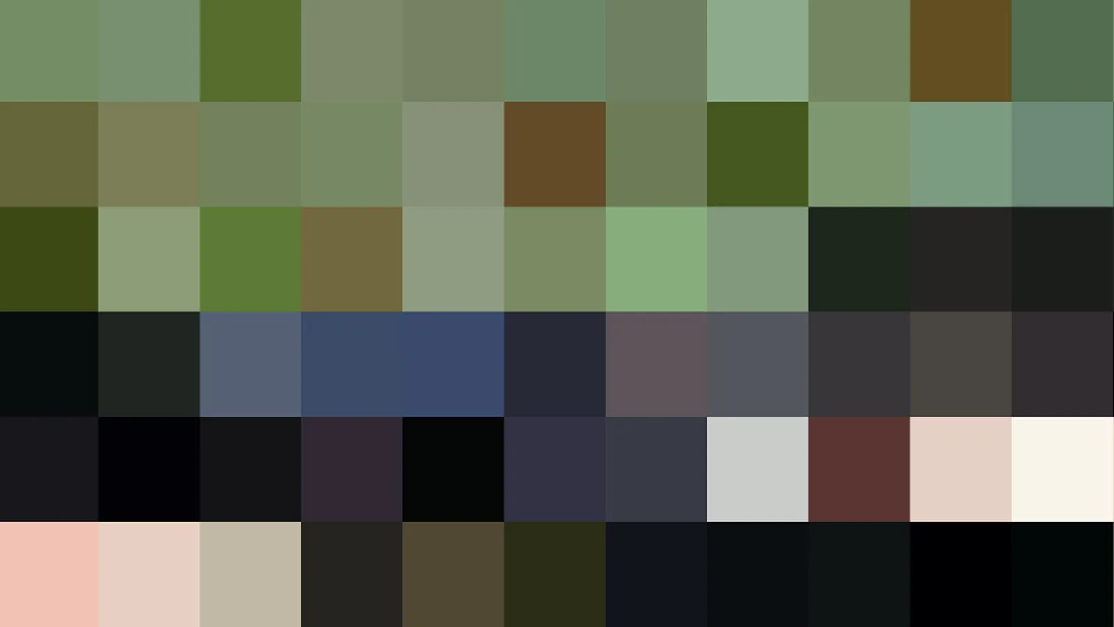 Raster aus 60 quadratischen Farbfeldern in Grün, Dunkelblau, Schwarz, Beige und Rosa.