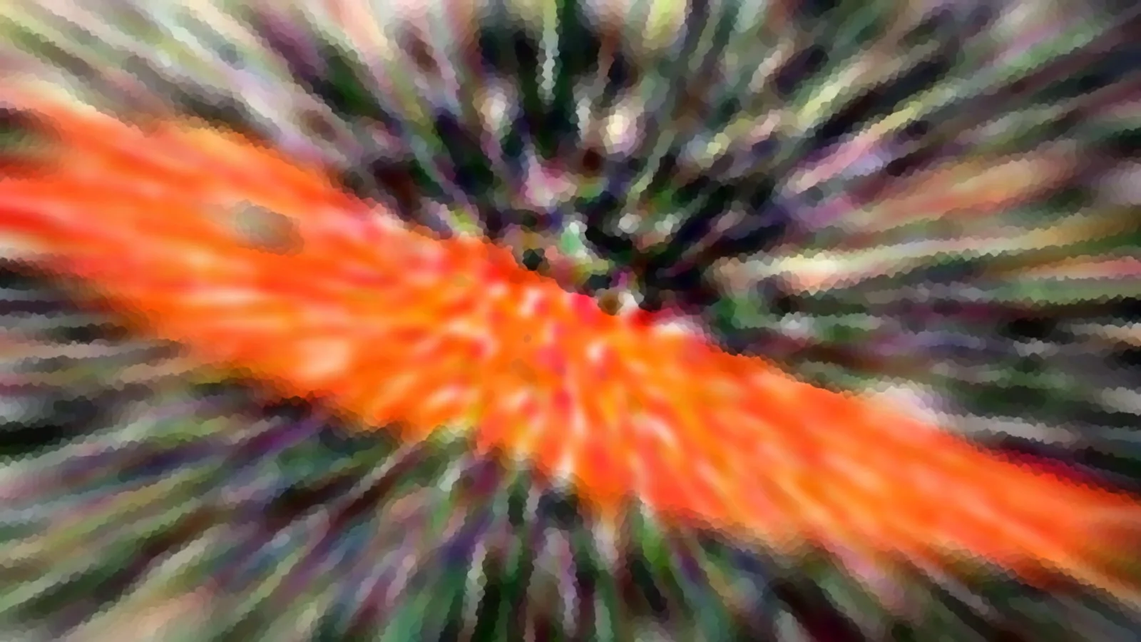 Ein orangefarbenes Band verläuft diagonal durch ein radial verwischtes Feld aus grünen, violetten und dunklen Farbschlieren.