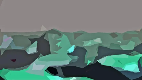 Abstraktes Bild mit einem grauen oberen Bereich und darunter einer Landschaft aus grünen, türkisen und dunkelgrauen polygonalen Flächen.