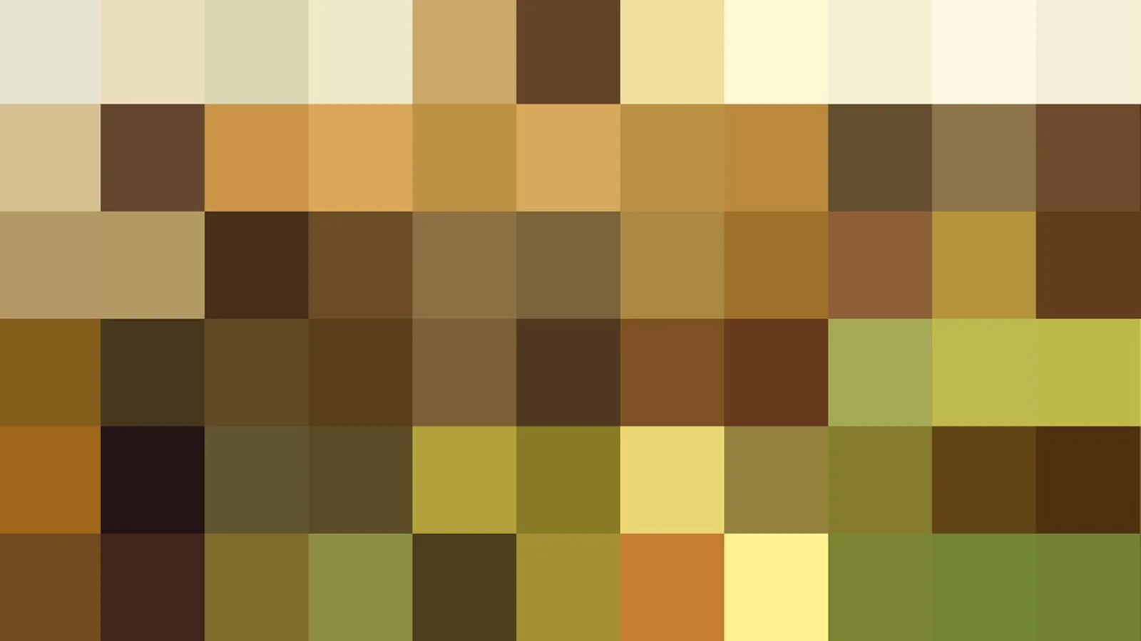 Quadratisches Pixelmosaik in Ocker, Braun, Beige und Olivgrün, angeordnet in sechs horizontalen Reihen.